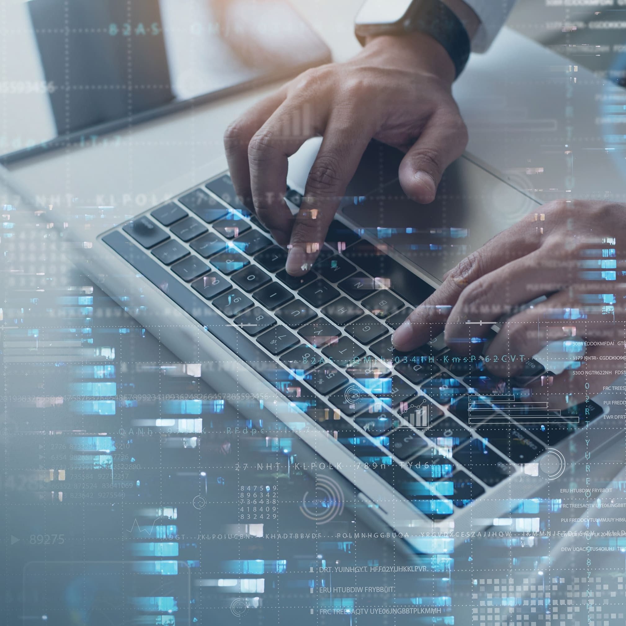 Computer engineer working on laptop computer with server room, data center, big data storage as backgrounds, digital technology, database, IT support, telecommunication concept