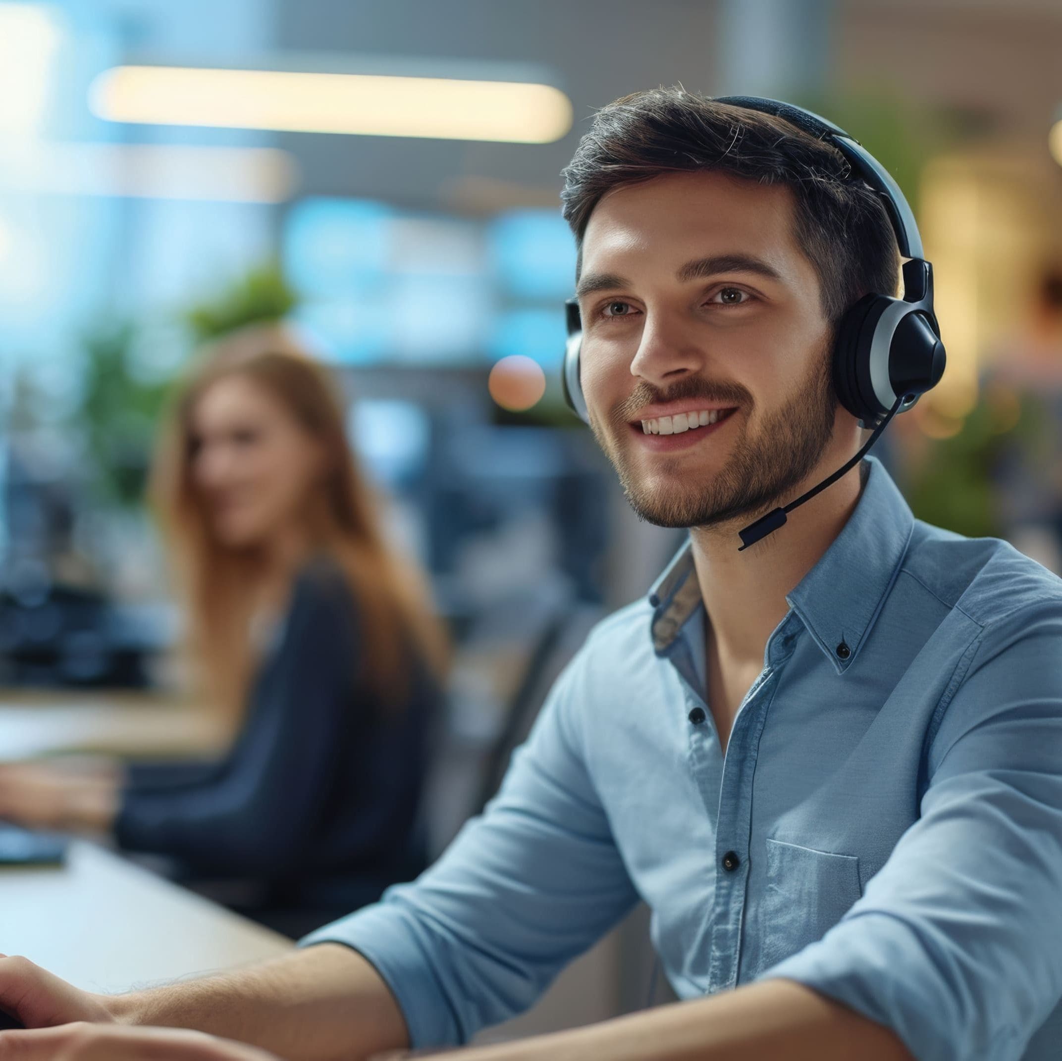 young man wearing a headset and working at a computer, in a customer service or call center environment.